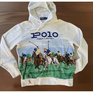 Polo Ralph Lauren Hoodie Men's M Polo Match Graphic Horse Print $165 Ink Marks